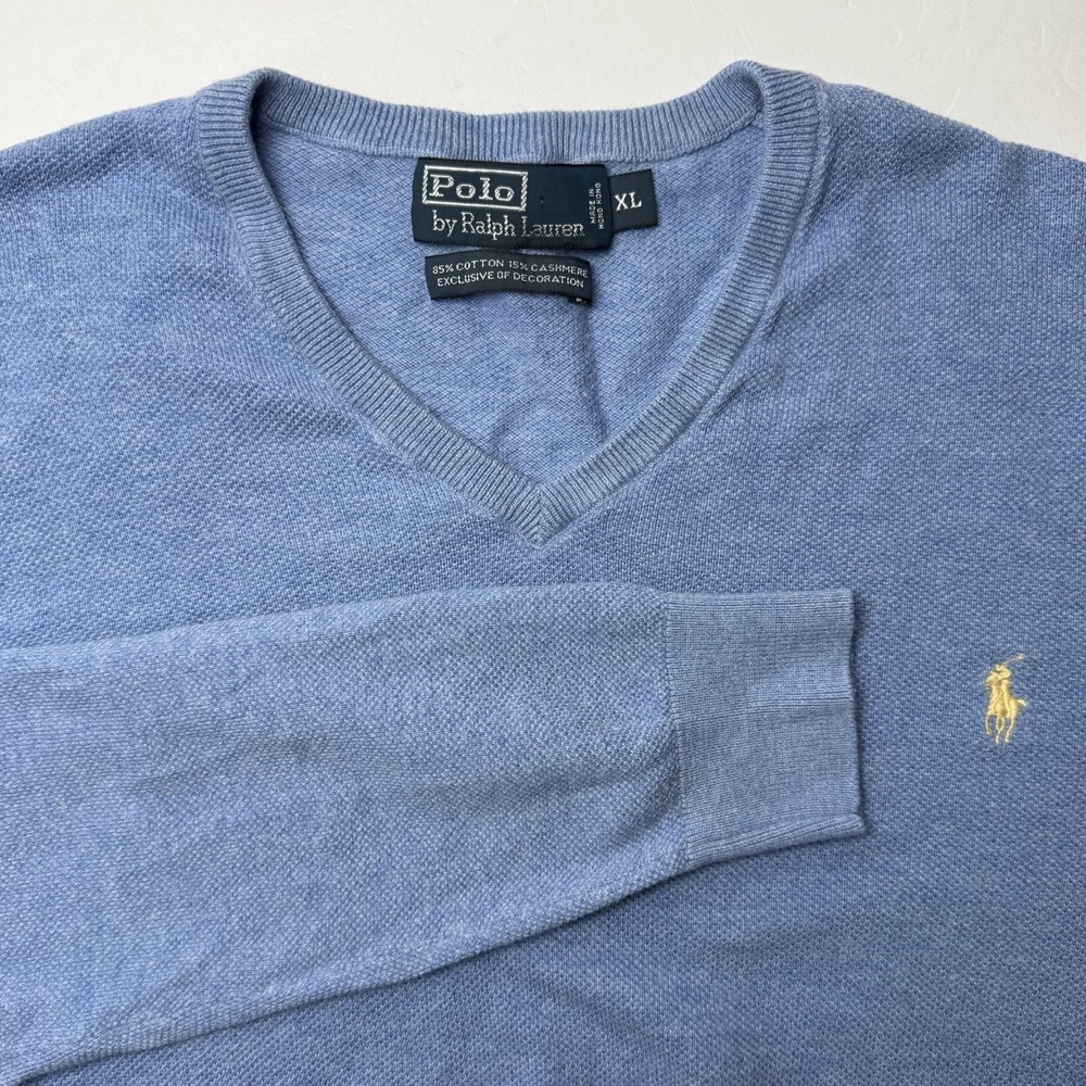 Vintage Polo Ralph Lauren Cotton Cashmere V-Neck Sweater Mens X-Large Blue Pique